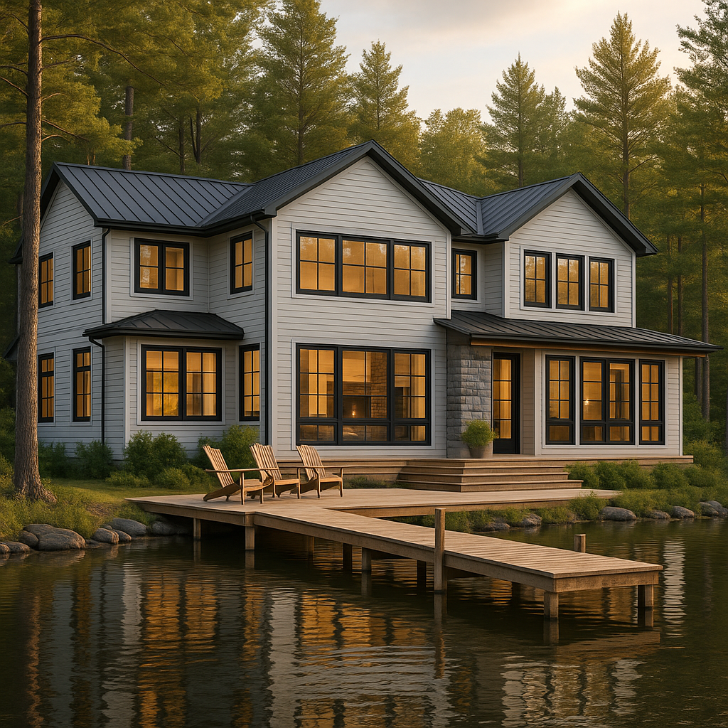 Modern kitchen with white cabinetry, large windows showcasing a garden view, wood flooring, copper pendant lights, and a sleek island countertop.