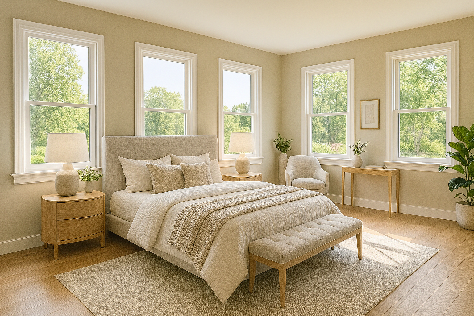 Elegantly styled bedroom with a four-poster bed, beige bedding, and decorative pillows. Natural light streams through large windows, creating a cozy ambiance.