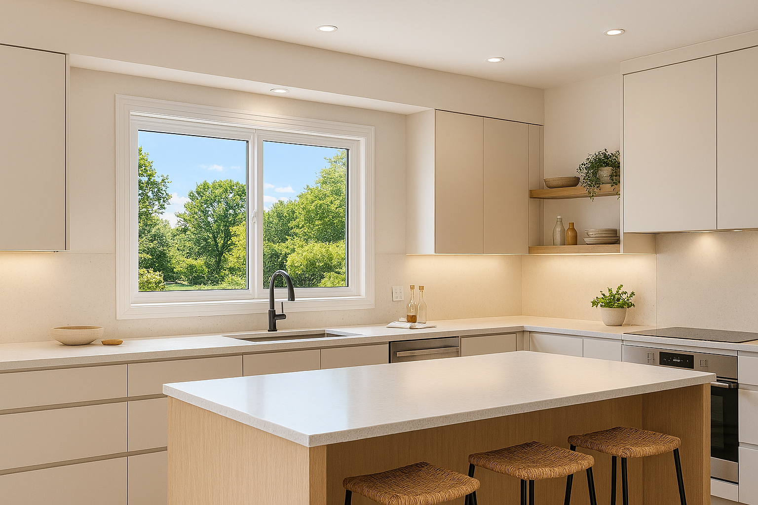 Modern kitchen with light-colored cabinets, large windows showing greenery outside, and countertops with minimal decor