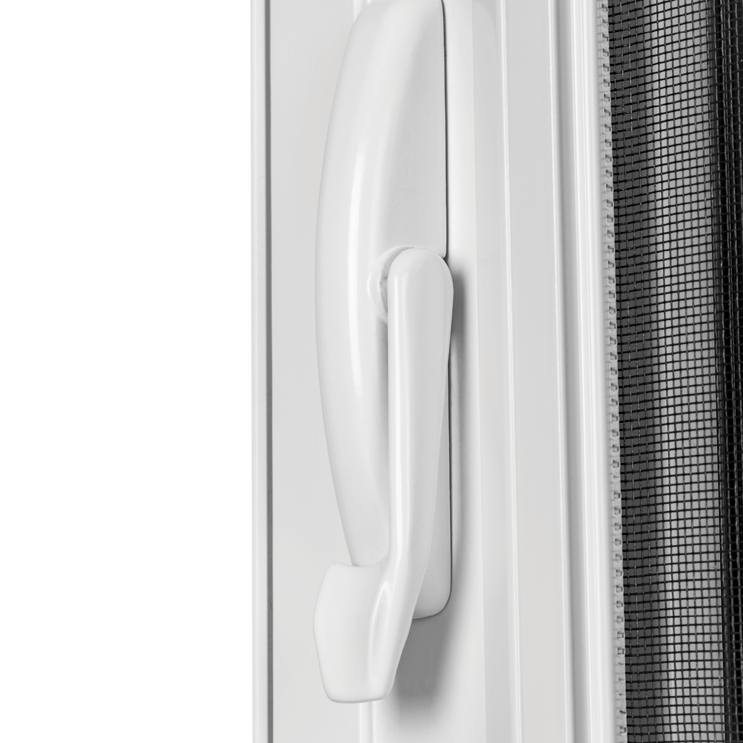 Close-up of a white window featuring a sleek handle, highlighting its modern design and functionality.